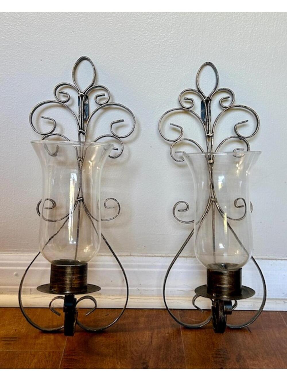 Pair of Vintage Wall-Mounted Metal Candle Holders with Glass Shades